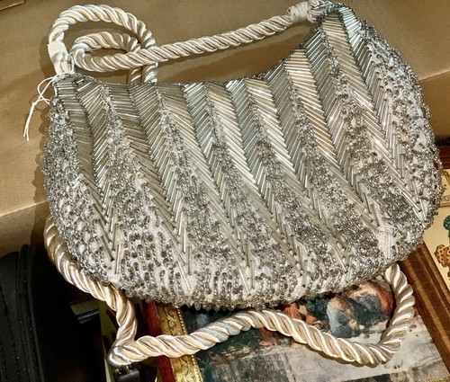 Vintage Beaded Silver Evening Purse with Chord Strap - Picture 2 of 4
