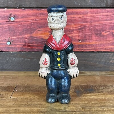 Popeye Sailor Man 5'' Cast Iron Bank Figurine Antique Finish W/ Yellow Hat