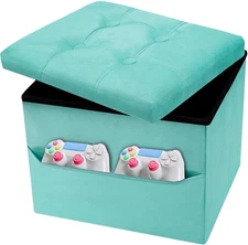 17" Teal Velvet Storage Ottoman Foot Stool with Side Pocket Folding Bench