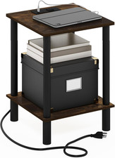2-Tier Side Table with Charging Station, USB Port, Amber Pine Finish