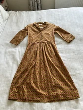 Toast Green Gold Pink Paisley Batik Knee Collared Dress Size 8 Pockets Cotton