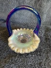 Fenton French Opalescent Paneled Grape Mini Basket With Cobalt Blue Handle