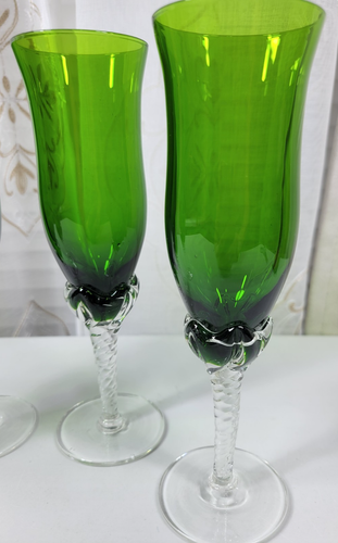 3-VTG Emerald Green w/Clear Textured Stems Champagne Flute/Wine Glasses 7.5" - Picture 2 of 7