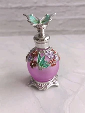 Purple Frosted Glass Perfume Bottle with Metal Trim Flowers Butterflies Diamante