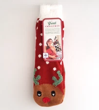 Great Christmas Womens Reindeer Slipper Socks Fuzzy Winter Holiday Non Skid S/M