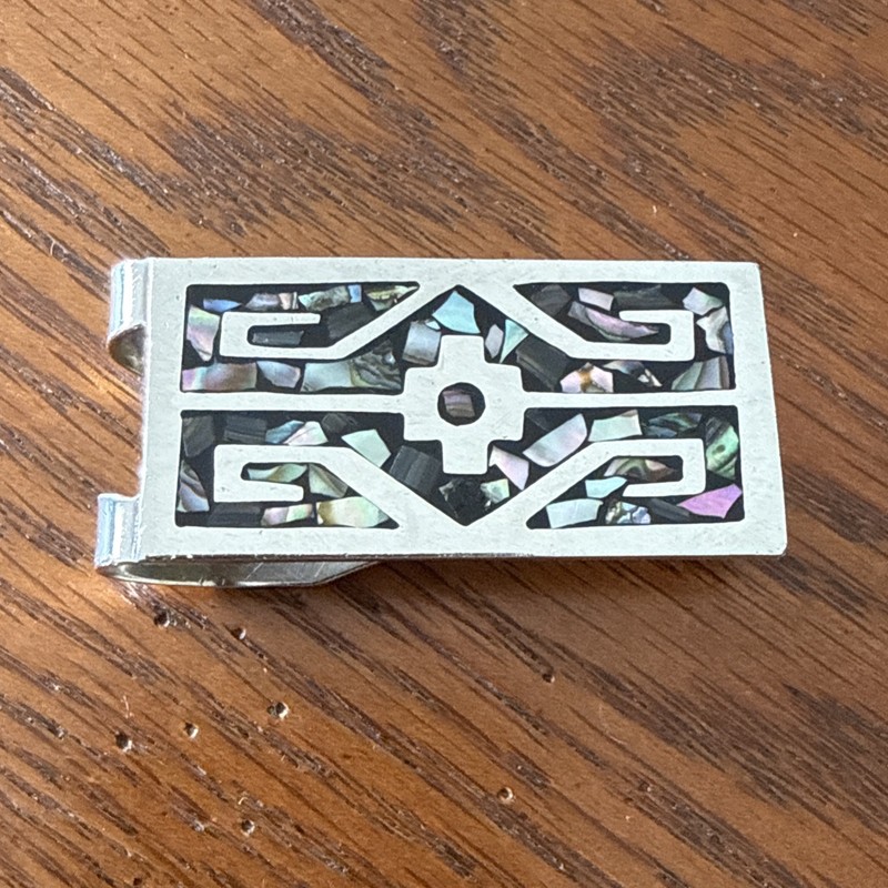 .925 STERLING SILVER MONEY CLIP MEXICO AZTEC ABALONE INLAY Vintage Collector