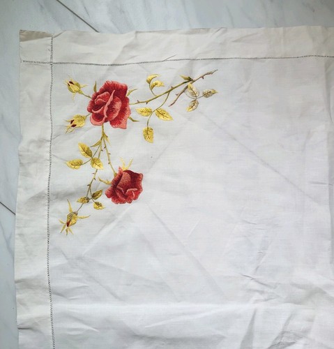 Antique Society Silk Hand Embroidered Linen RED/SALMON ROSES Doily Topper EUC - Picture 2 of 16