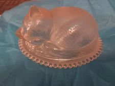 VINTAGE INDIANA GLASS CLEAR KITTEN CAT ON NEST COVERED CANDY DISH 7"