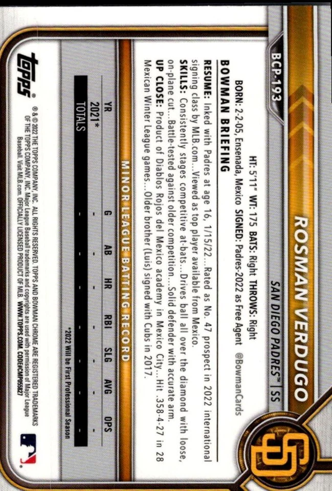 2022 Bowman Chrome Prospects Rosman Verdugo San Diego Padres #BCP-193 - Image 2 of 2