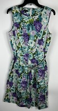 Talbots Women’s Dress 6 Blue Purple Floral A Line Sleeveless Belted Pockets