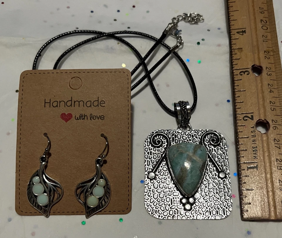 Larimar 925 镀银宝石手工吊坠 + 搪瓷耳环 — 第 3/4 张图片