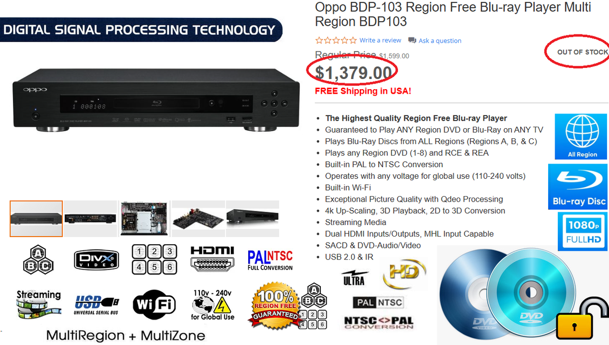 OPPO BDP‑103 Universal 2K/4K 3D Blu‑Ray Player SACD REGION FREE