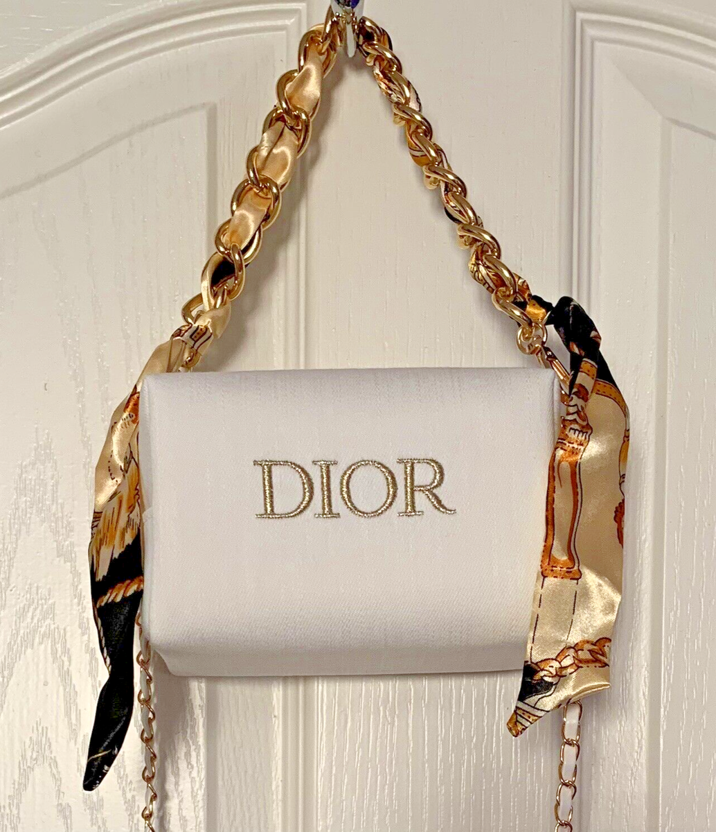DIOR Denim Beige Makeup Pouch Bag Scarf Chain Crossbody Strap