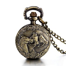 Antique Style Horses Pattern Pocket Dial Arabic Numeral Quartz Watch Necklace