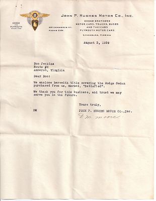 1939 JOHN P. HUGHES MOTOR COMPANY Lynchburg Virginia DOC JENKINS Amherst