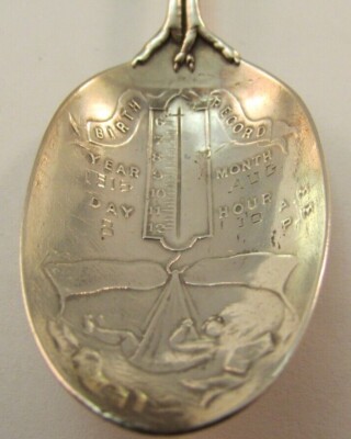 GARRARD 誕生記録 スプーン 鳥モチーフ Birth record Rare 1915 Sterling Silver Birth Record Spoon Stork with Glasses