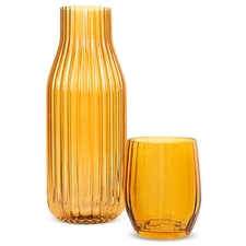 Elle decor Ribbed Bedside Water Carafe with Tumbler Set, 39 Oz - Amber
