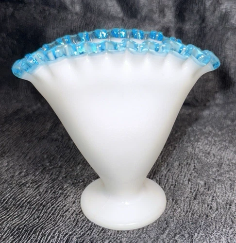 Vintage FENTON Aqua Blue Crest MILK GLASS Ruffled Edge Footed Fan 4.5" Vase