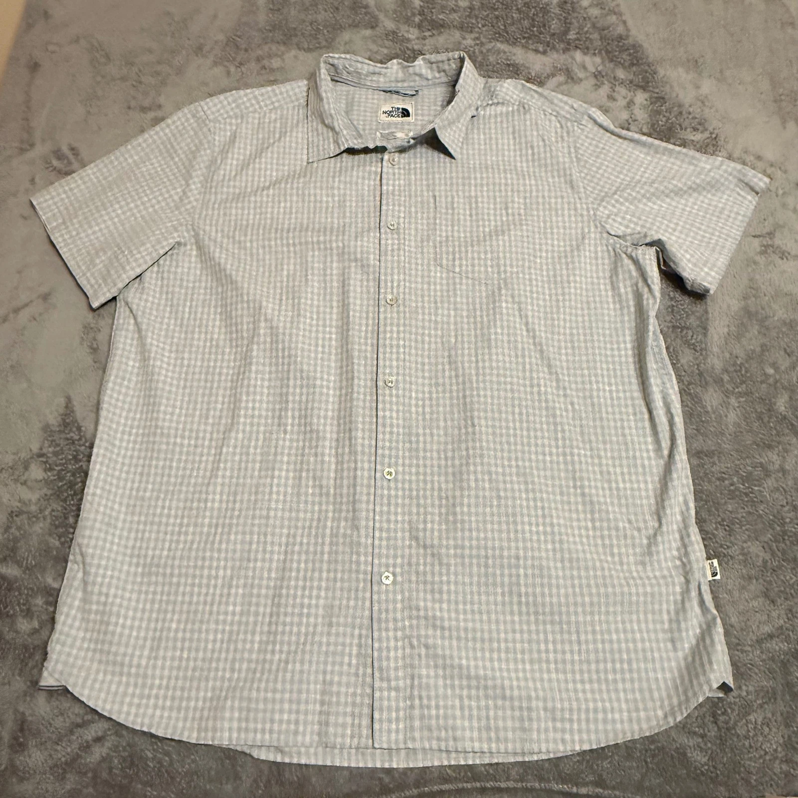 The North Face Mens XXL Short Sleeve Button Down Shirt Blue White Plaid Cotton