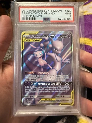 2019 Pokemon Sun & Moon Unified Minds #222 FA/ Mewtwo & Mew Gx PSA 9 MINT