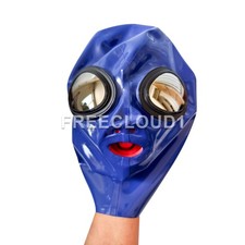 Blue Latex Hood with Eye Glass 15cm Long Nose Tube Teeth Gag Rubber Mask Fetish