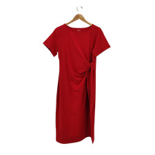 Quince Women Front Knot Midi Dress Basic Sleeved Red XL