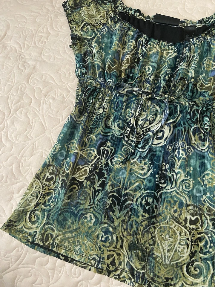 Blusa Para Mujer Y2K Estampado Verde y Azul Talla Pequeña Corbata Ajustable Bajo Busto Foto 4 de 4