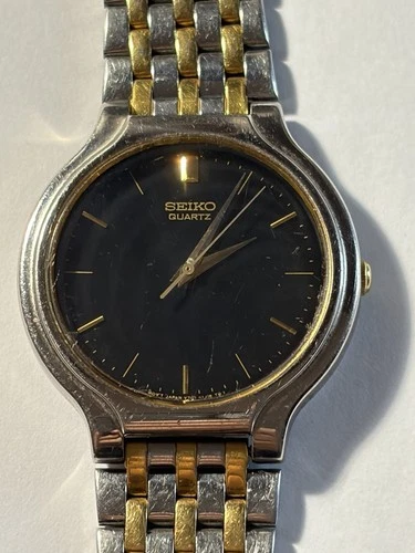 Seiko Watch Men 34mm Black Dial Two Tone Round V701-1k29 New Battery