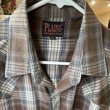 VTG Plains Western Wear Men s XL Plaid Long Sleeve Pearl Snap Buttons Brown Navy