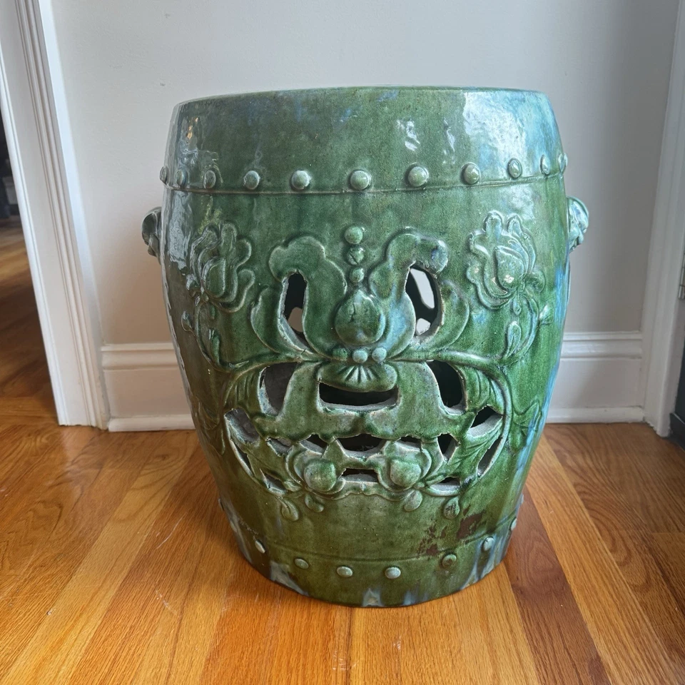 Taburete de jardín de cerámica patrón de loto redondo esmalte turquesa verde de colección PESADO Foto 3 de 4