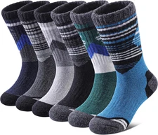 Kids Merino Wool Hiking Socks 6 Pairs - Warm Thermal Cushion Crew Socks for Wint
