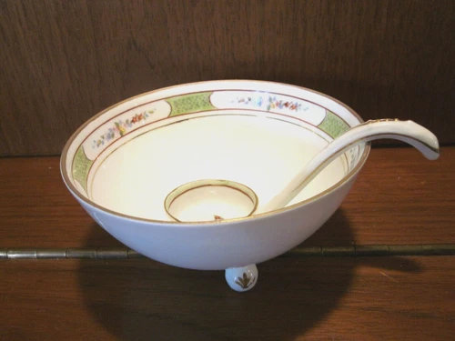 Vintage Handpainted Nippon Footed Mayonnaise Bowl w/Ladel - Green/Gold/Florals