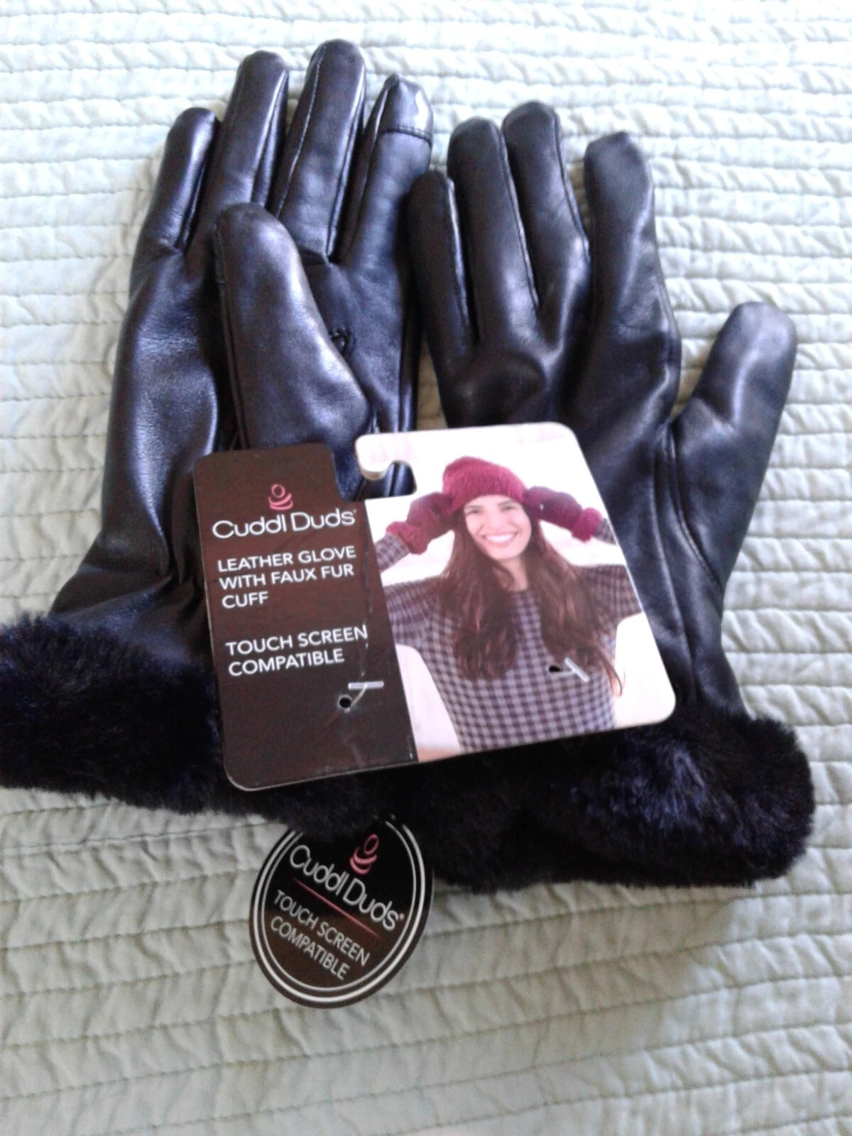 CUDDL DUDS Touch Screen Compatible Gloves Size Small Black Leather Faux Fur