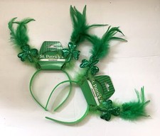 TWO St Patrick's Day HEADBANDS NEW 2 Green Glistening Shamrocks Feathers Irish