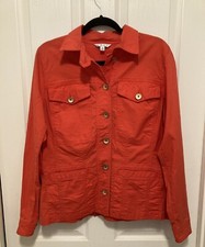 CAbi Womens Orange Jacket Button Up W/ruffle Back Hem Multiple Front Pockets M