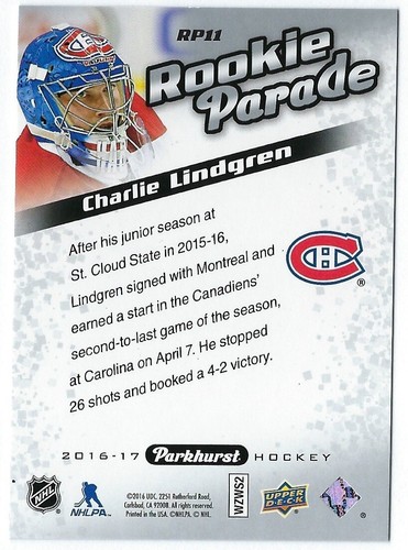 2016/17 Parkhurst Rookie Parade card# RP11 of Charlie Lindgren - Picture 2 of 2