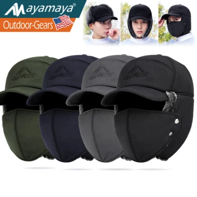 AYAMAYA Men Winter Ear Flap Trapper Hat Face Mask Fur Aviator Thermal Warm Snow Ski Cap