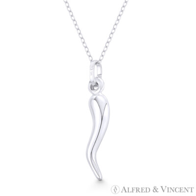 Italian Horn Corno Evil Eye Luck Charm Pendant & Necklace in 925 Sterling Silver