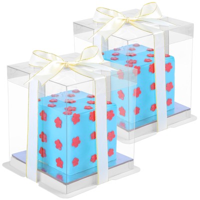 2 Stück transparente Kunststoff Kuchen Boxen mit Brettern & Band - 15 x 15 x