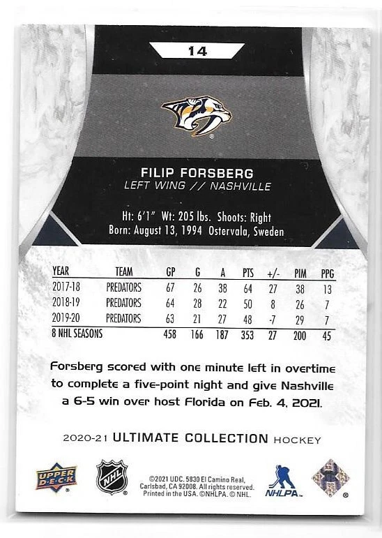 2020-21 Upper Deck Ultimate Collection #14 Filip Forsberg /149 - Image 2 of 2