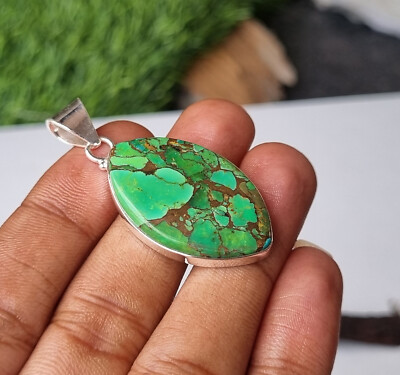 Green Copper Turquoise Gemstone 925 Sterling Silver Handmade Gift Pendant PG1376