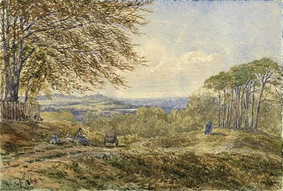 Figuren in ländlicher Landschaft 1869 antikes Aquarell Gemälde 19. Jahrhundert - Bild 1 von 4
