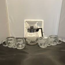 Vintage 1970s Nestle World Map Etched Glass Coffee Carafe + 4 Globe Mugs