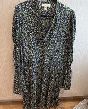 MICHAEL Michael Kors Smocked Floral Shirt Dress M Blue V-Neck Bell Sleeve