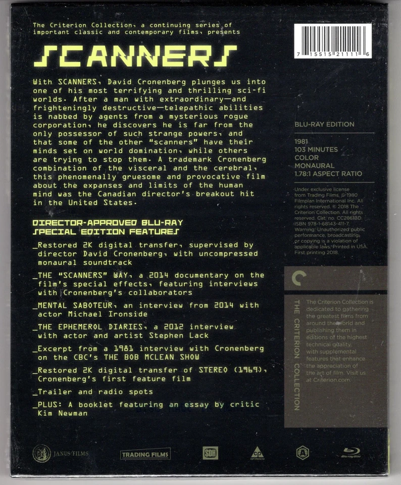 Scanners (1981) US Blu-ray Region A Criterion Collection - David Cronenberg  NEU - Bild 2 von 2