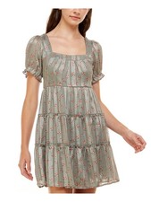TRIXXI Womens Green Lined Pouf Sleeve Square Neck Mini Party Baby Doll Dress S