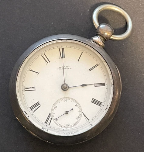 Antique 1883 Waltham WM Ellery 1877 Pocket Watch AW Co. Coin Silver Case 18s 11j