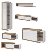 Wohnzimmer-Set Saragossa 5-Teilig Anbauwand Grifflos Weiß Hochglanz Samdal Eiche