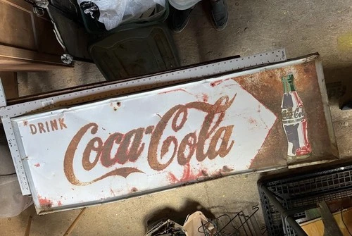 LARGE VINTAGE 1950’s COKE COCA COLA BOTTLE GAS STATION 54" METAL TIN SIGN