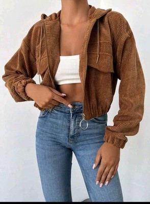 SHIEN FLAP DETAIL drop Shoulder Drawstring Hooded Corduroy Jacket Women's Size M